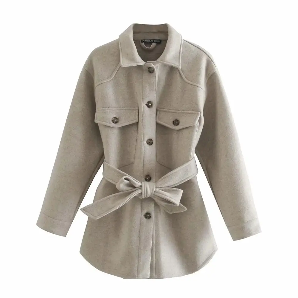 

Autumn Winter Women Woolen Jacket Fashion Loose Coat With Belt Vintage Long Sleeve Side Pockets Female Outerwear Chic Overcoat