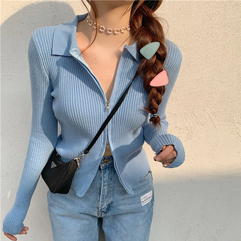 Женский свитер на молнии с отложным воротником однотонная тонкая осенне-зимняя