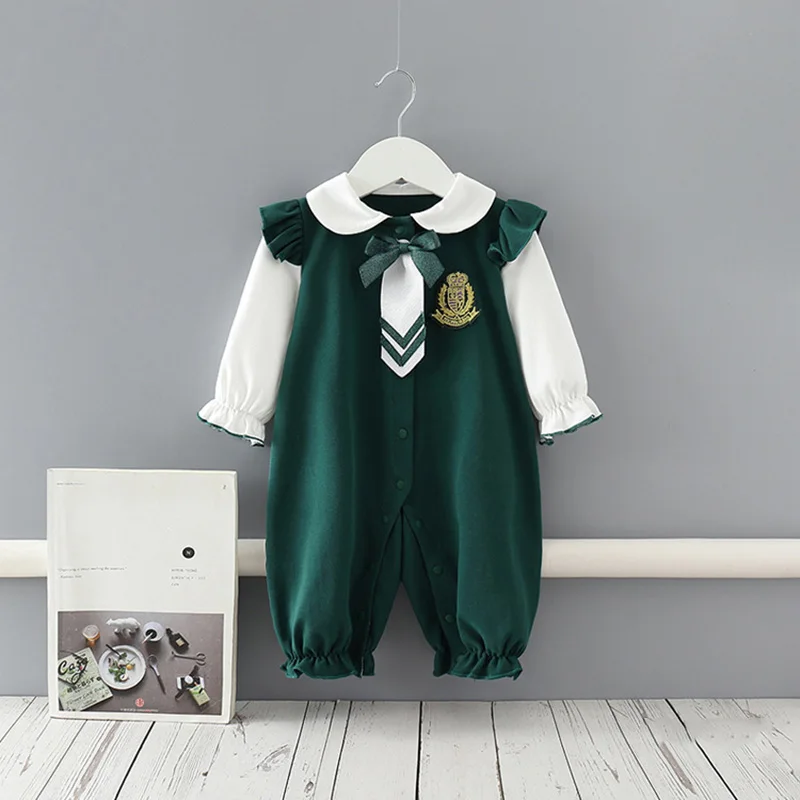 

Spring and Autumn New Infant Bow Tie Long Sleeve Bodysuit 0-24M Baby Boys Casual Green Single-breasted College Style Romper