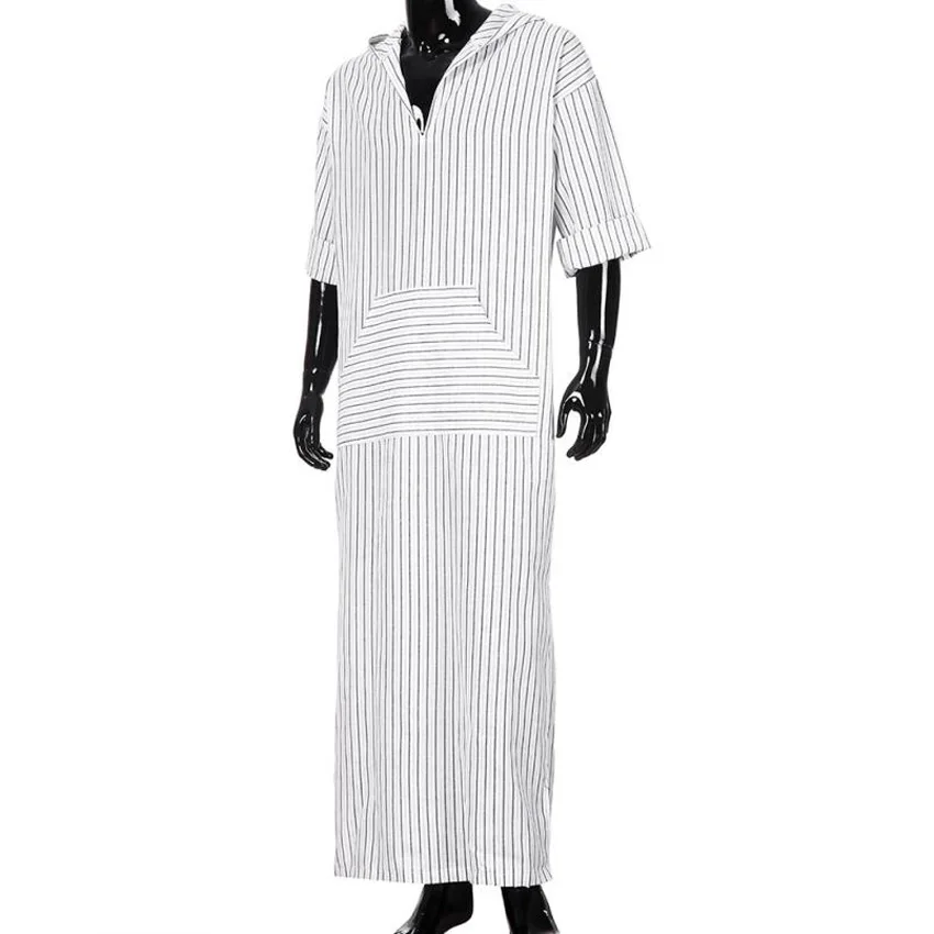 Мужская льняная одежда в полоску с капюшоном и длинными рукавами стиле ретро