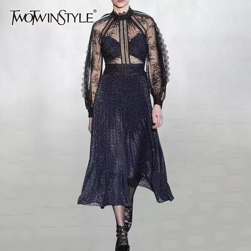TWOTWINSTYLE перспективное лоскутное кружевное женское платье с круглым вырезом и