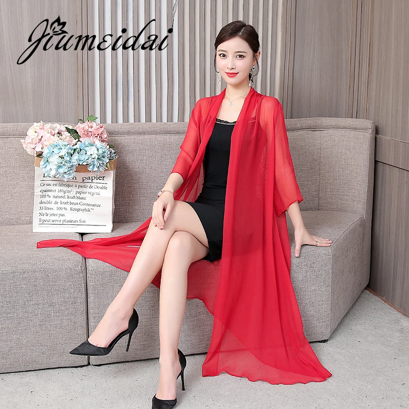 Женский повседневный винтажный кимоно-кардиган JiuMeiDai Летний 2020 год, шифоновый, свободный, однотонный плащ с вышивкой спины и длинной одеждой