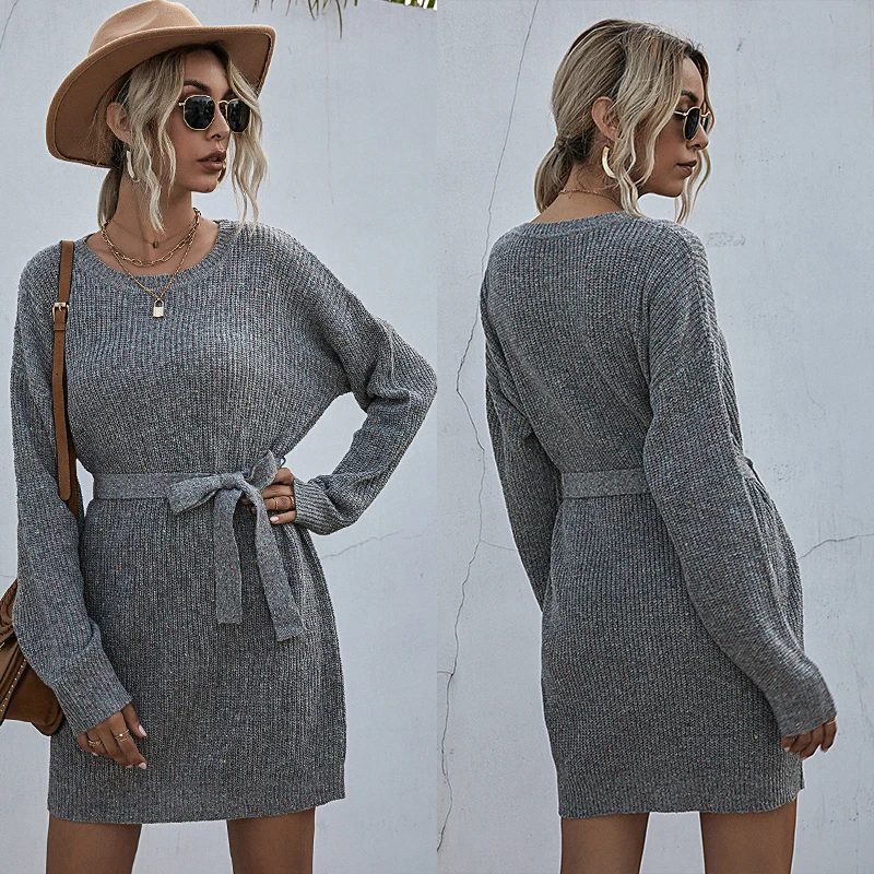 

Casual Sashes Knitted Grey Woman Sweaters Dress Ladies Long Sleeve O-Neck Loose Office Work Elegant Mini Dress 2020 Winter