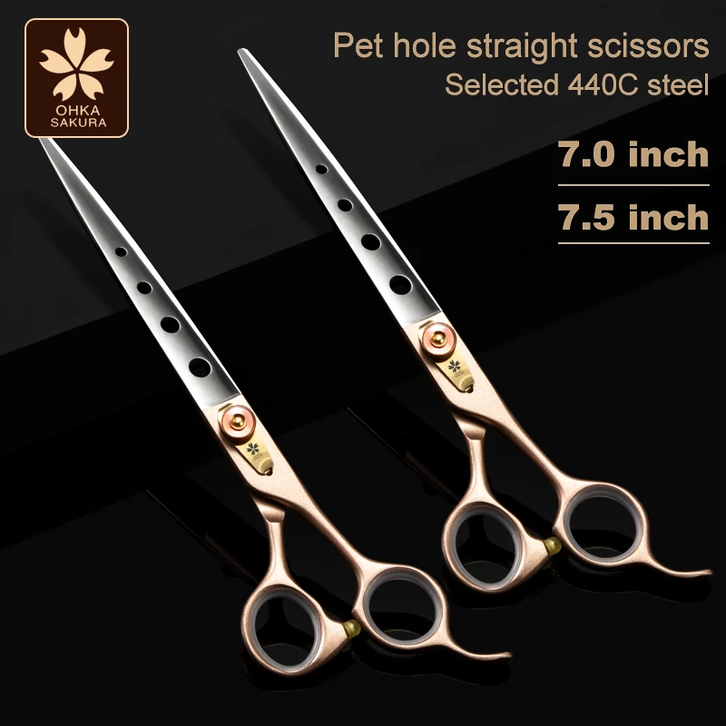 Pet scissors beauty air open shaving dog hair artifact self scissors dog cat trimming scissors Hole scissors-Champagne