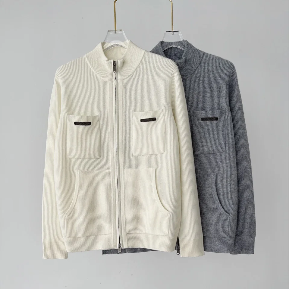 

Double Zipper Stand Collar Double Pocket Chain Beaded Cashmere Sweater Cardigan