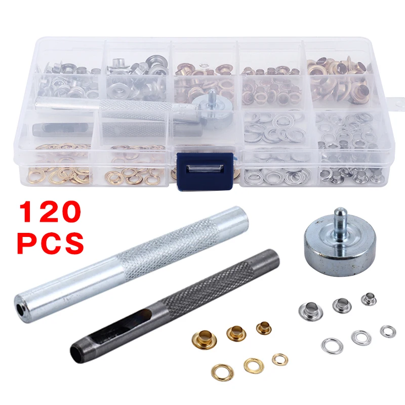 

120 Pcs Gold Silver Grommets Metal Eyelets Set Tool Kit with Installation Tools for Leather Craft Making Clothing Repair Decor