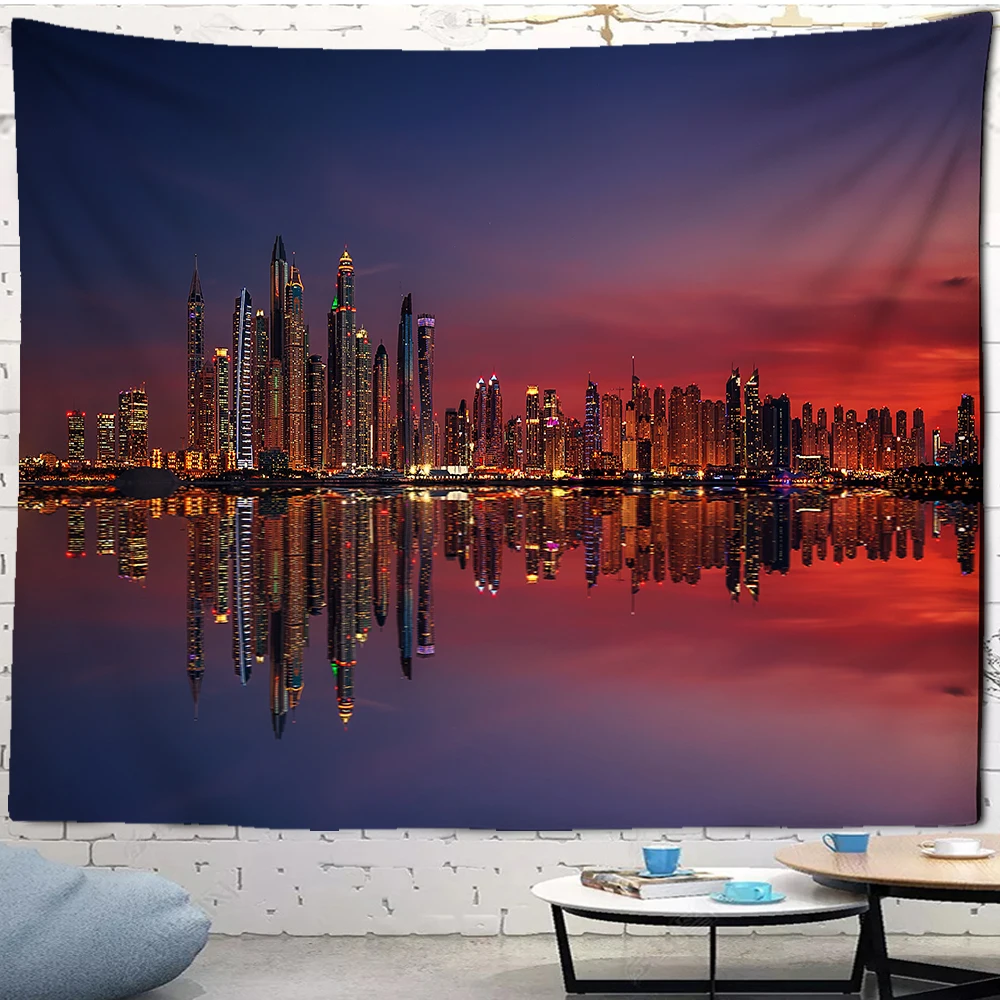 Настенный гобелен с принтом Город ночная сцена большой в стиле хиппи настенный