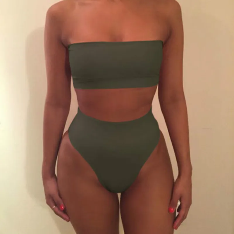 

2021 Sexy High Waisted Strapless Boob Tube Top Bikini Set Swimsuit Two Pieces Solid Swimwear Brazilian Beachwear Women's Biquini