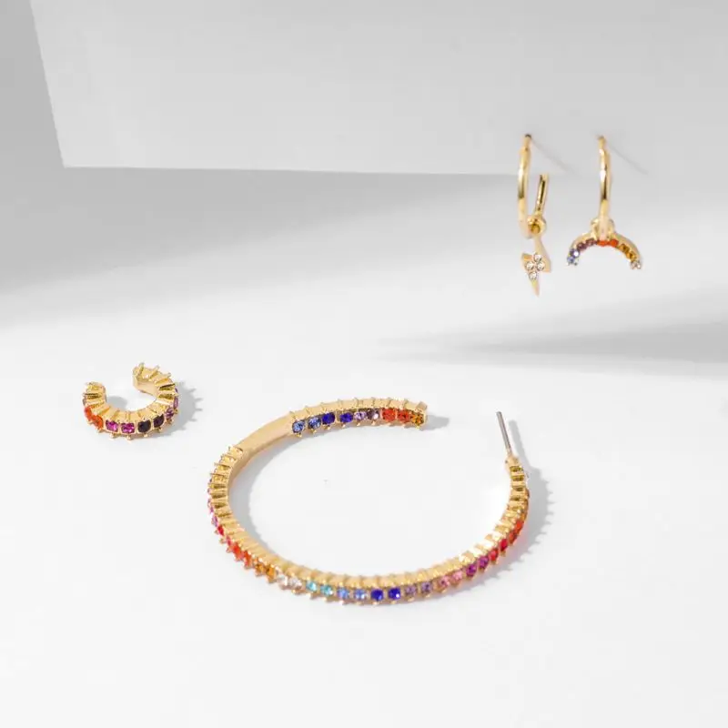 

4Pcs CZ Stone Stud Earrings Kit Rainbow Crystal Hoop Earrings Fashion Jewelry E15E