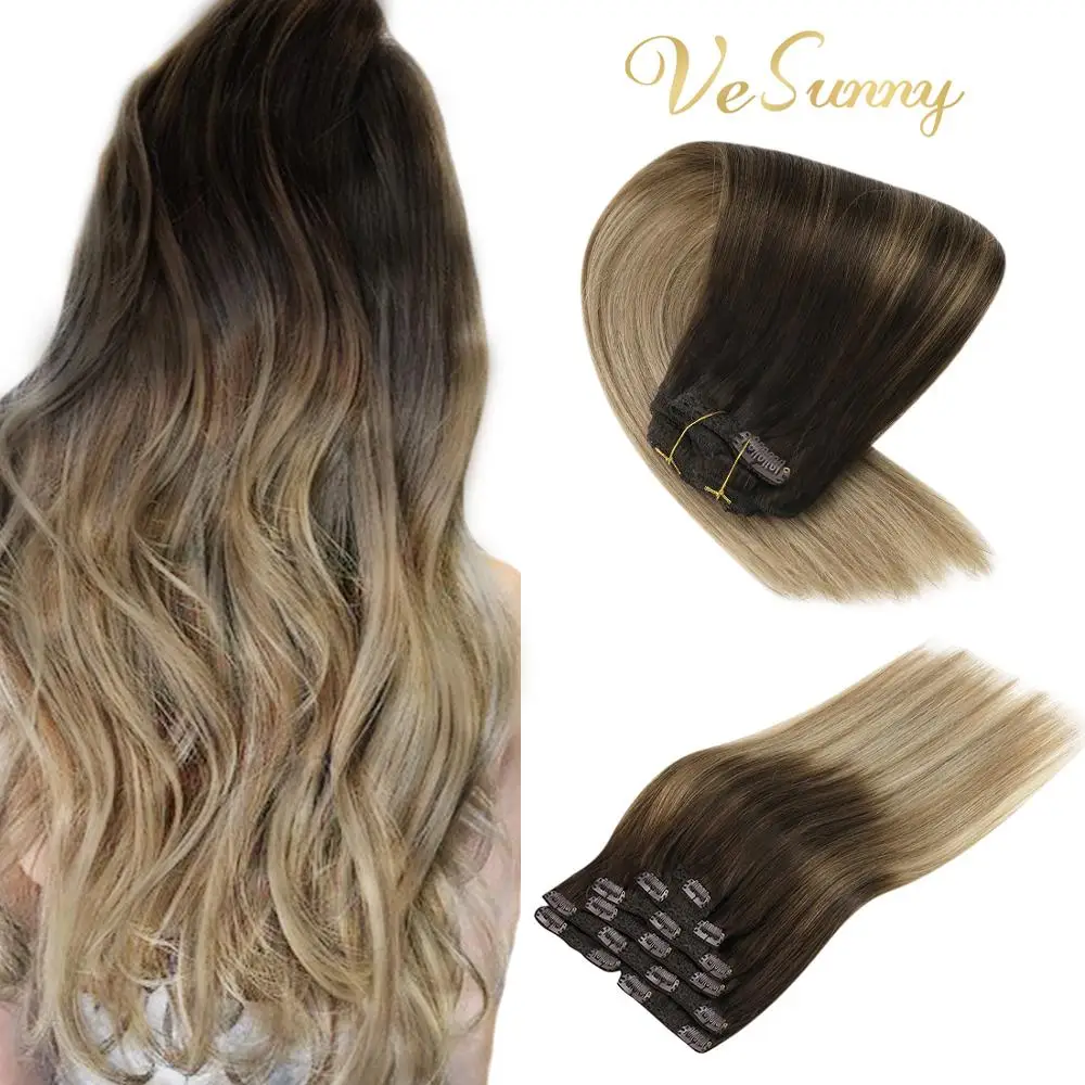 

VeSunny Double Weft Clip in Human Hair Extensions 7pcs 120gr Clips on Hair Balayage Brown Ombre Blonde Highlighted #3/8A/18B