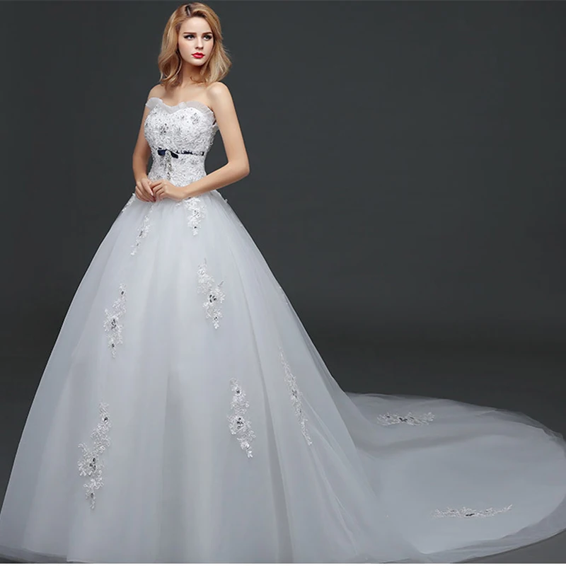 

Wedding Dresses Illusion Strapless Sleeveless Tulle Lace Crystal Embroidery Sequined Pearls Floor-Length Women Bride Gown GB050