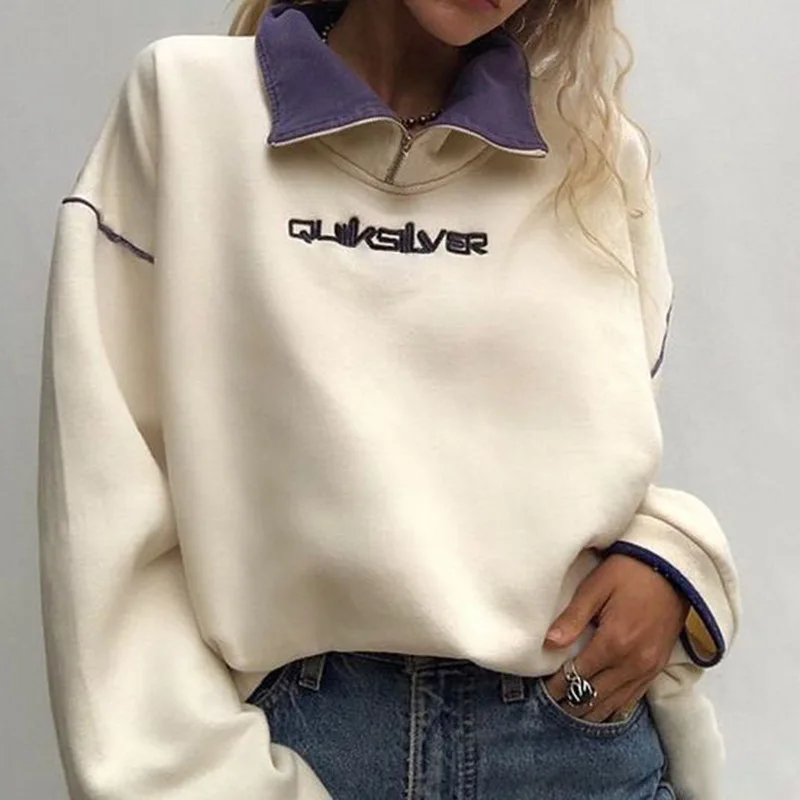 

Contrast Color Letter Lapel Women Plus Size Winter Hoodie Oversized Sweatshirt Pullovers Long Sleeve Casual Lady Clothing