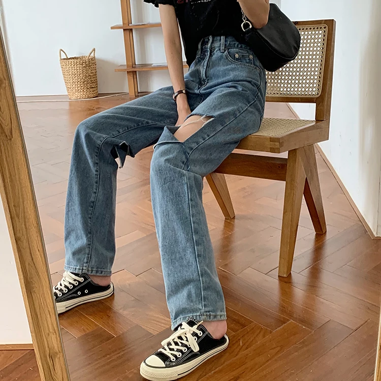 

Sweet Cool Ripped Jeans for Women Summer Design Sense Niche High Waist Slimming Daddy Wide Leg Mop Pants Trendy Ins