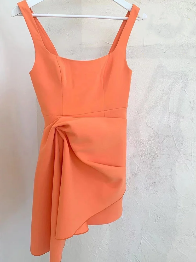 

Retro solid color waist pleated zou ruffles irregular sexy shoulder straps dress ladies summer new fashion free shipping