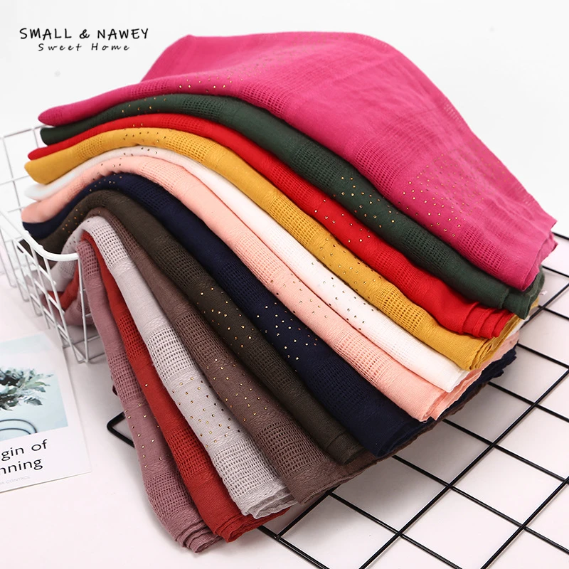 

90*180CM Cotton and Linen Headscarf Ladies Plaid Scarf Hot Drill Monochrome Mesh Holes Ethnic Female Hijab Wholesale