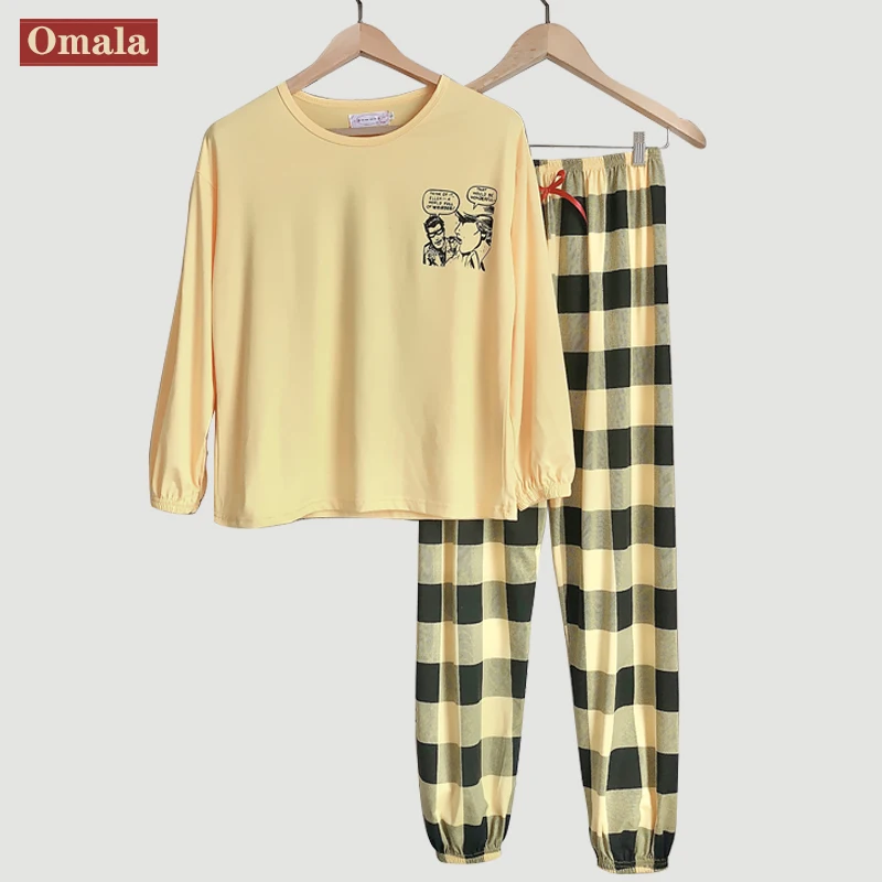 

New spring Pajama Set for Women Cartoon anime plaid Long Sleeve O-neck Korean Comfortable Leisure Sleepwear yellow Sweet pajamas