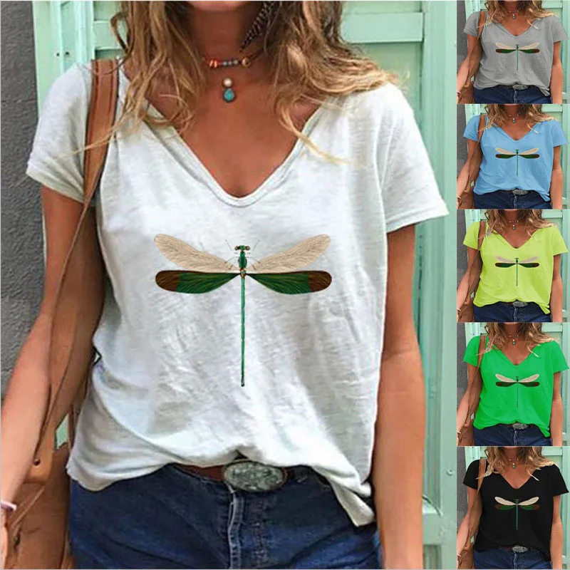 

Women's Summer Fashion Printed Dragonfly V Neck T Shirt Female Plus Size Loose Short Sleeve Tops S-3XL