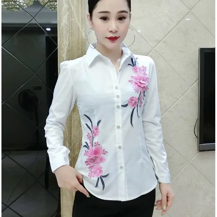 

2021 New Spring Autumn Women Fashion Turn Down Collar Long Sleeve Shirts Office Ladies Floral Embroidery Slim Tops Blouses M64