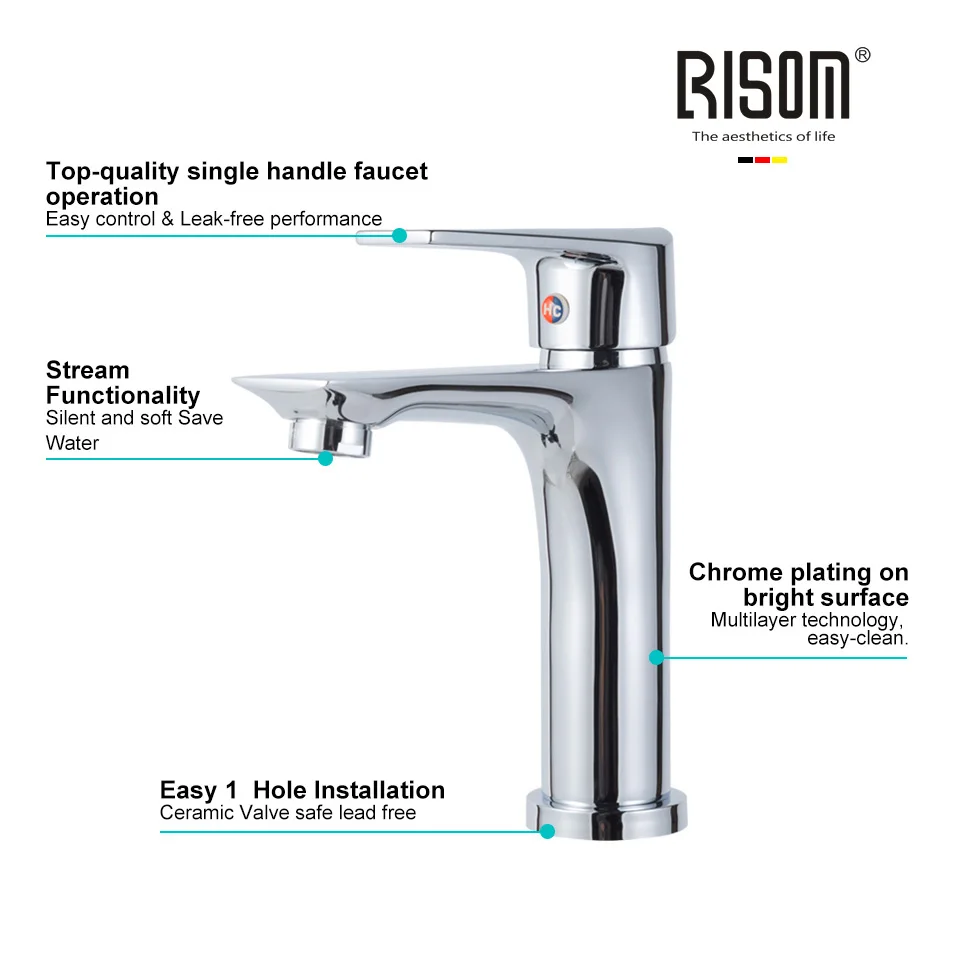 

RISOM Brass Basin faucet Chrome Basin Mixer Tap Bathroom cold and hot Water Faucet Mixer Water Sink