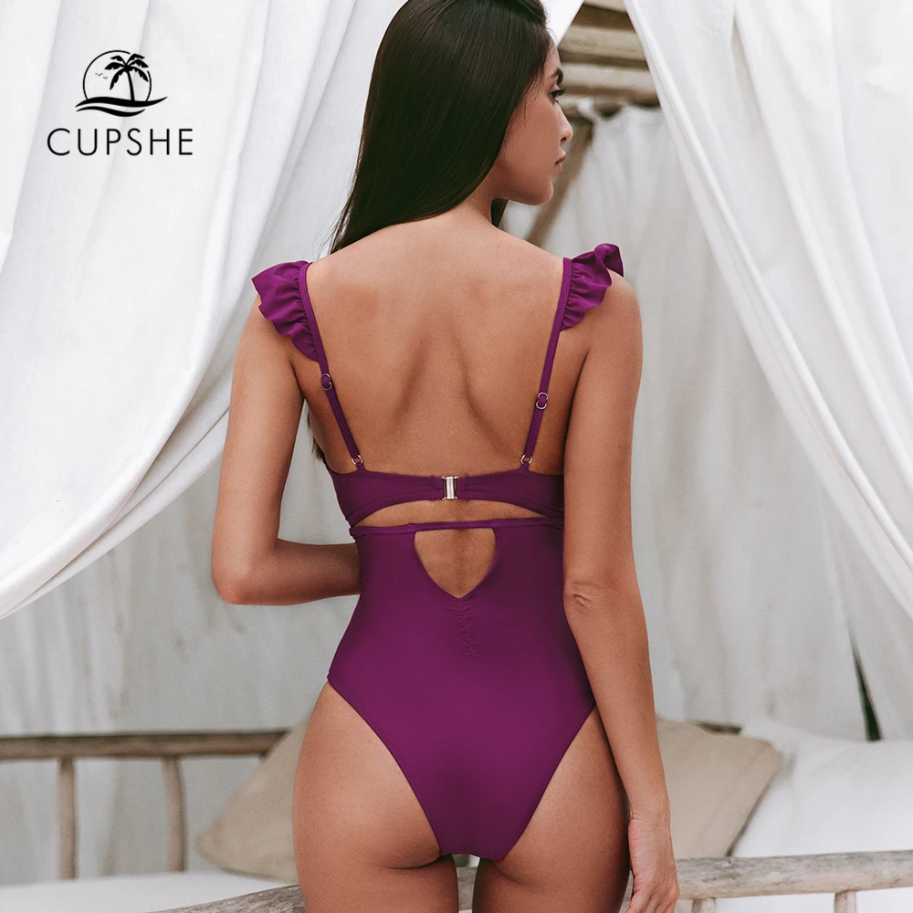 CUPSHE однотонный бордовый купальник с оборками и v-образным вырезом сексуальный