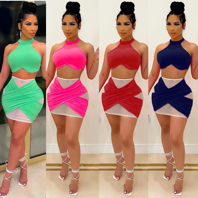 

HAOYUAN Plus Size Two Piece Set Vacation Birthday Outfits for Women Summer Clothes Crop Top Mesh Mini Skirt Sexy Club Dress Sets