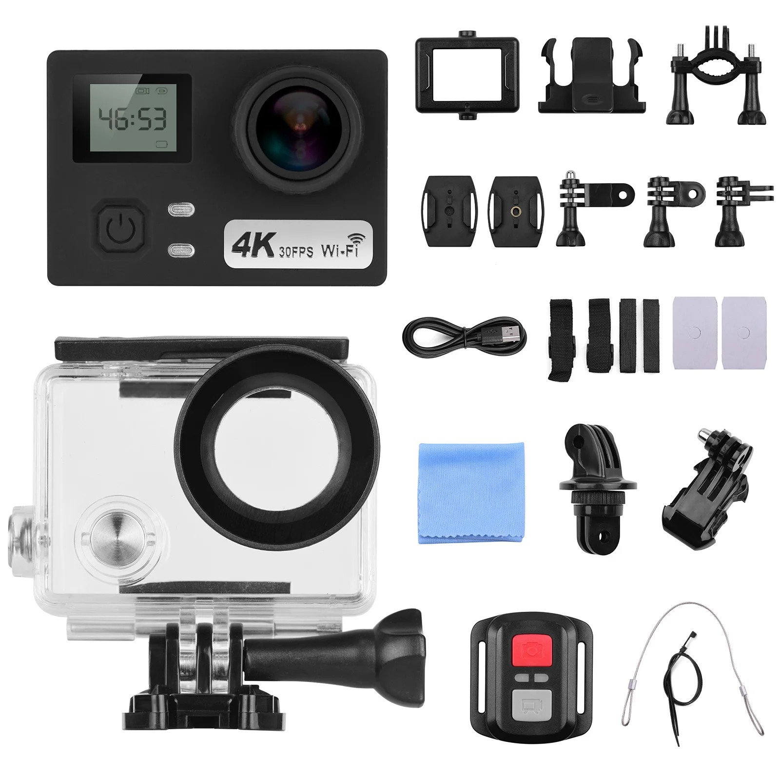 Скидка Миниатюрная экшн-камера с Wi-Fi, 4K, 30 м, 30 кадров в секунду, ультраширокий угол обзора 170 °, память 64 ГБ, дистанционный затвор, встроенный аккумул...