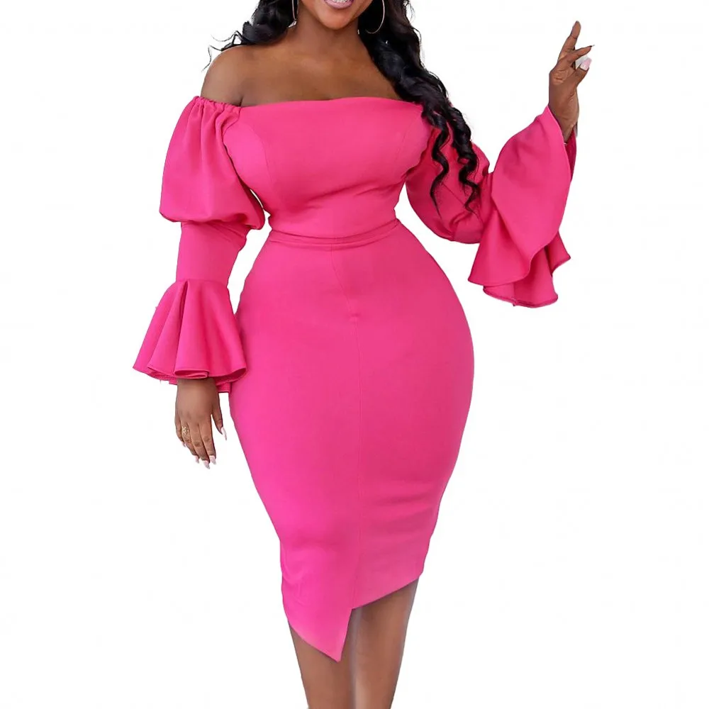 

Solid Color Flared Sleeve Tight Dress With A Neckline Sexy Bag Hip Open Back Pencil Skirt Spring African Women's Evening Dress