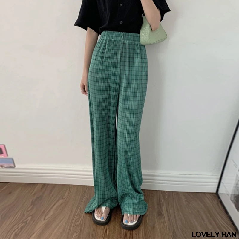

Plaid Pleated Wide-leg Pants Women High Waist Drape Straight-leg Mopping Pant Female 2021 Summer Girls Casual All-match Trousers