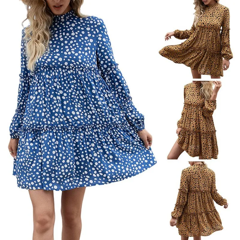 

New Women Spring Autumn Dress Fashionable Polka Dot Print Dress Turtleneck Long Sleeve Ruffled Above-Knee Dress for Ladies