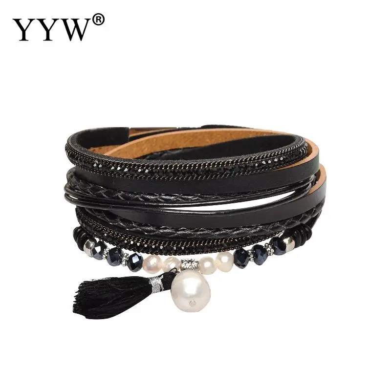 Лучшее качество женские браслеты из искусственной кожи с пресноводным жемчугом