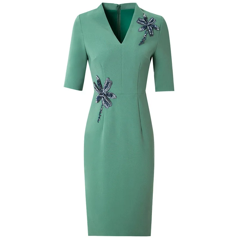 

2020 New summer Women occupation Nail bead party Dress Plus Size 3xl Vintage ladies Sexy dresses V-neck Solid work flower dress