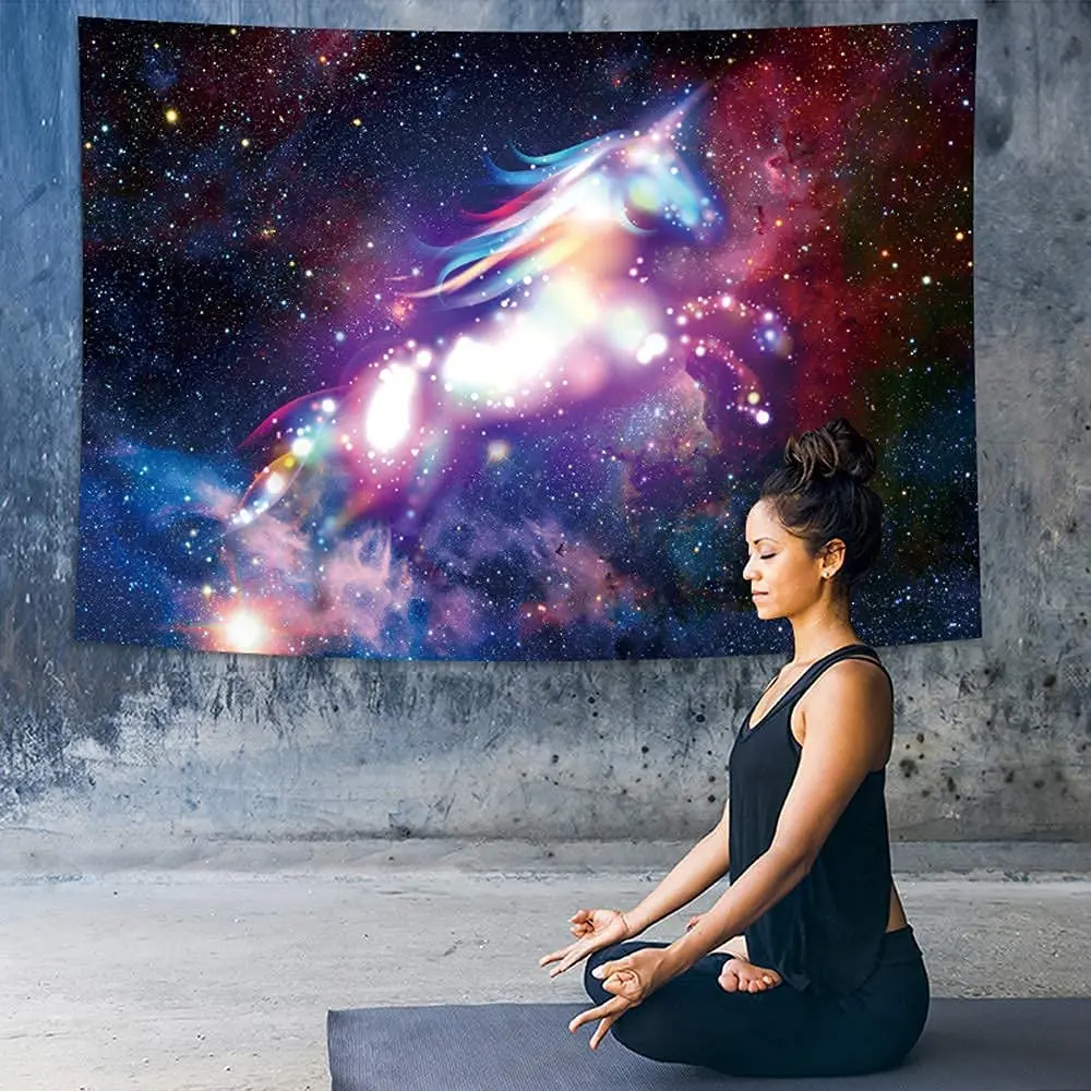 Tapiz de unicornio de galaxia, arte de pared estrellado colgante, arte de pared bohemio de poli&eacute;ster-1
