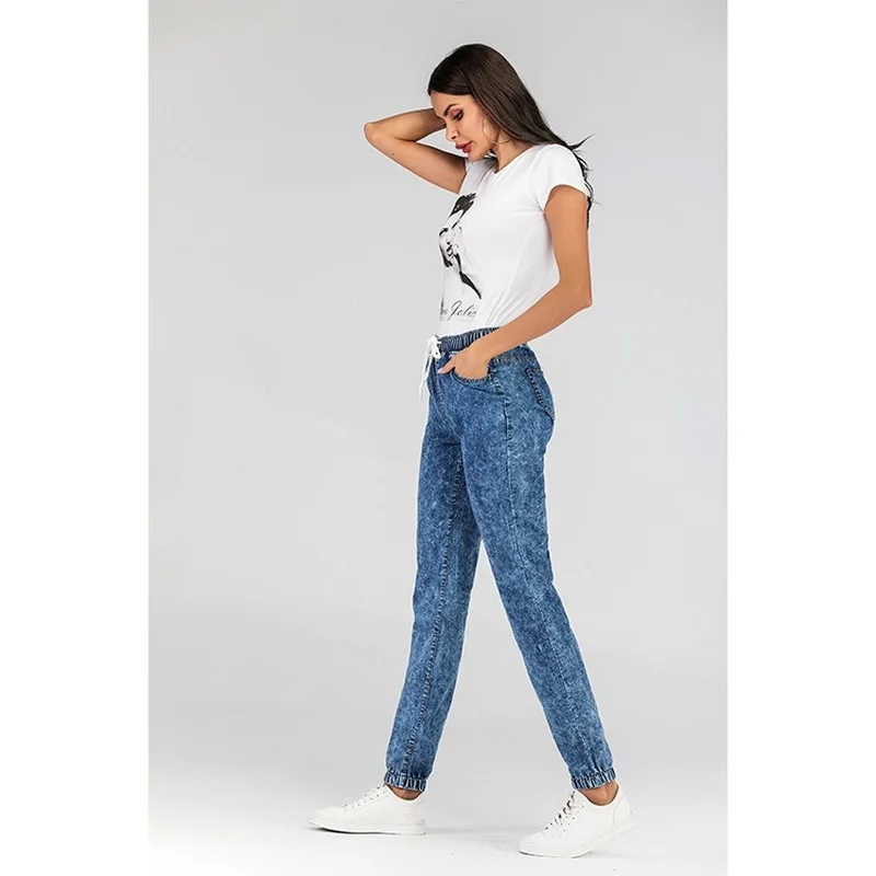 

WEPBEL New Women Fashion Pure Color Loose Leisure Lace-up Jeans Casual Ladies Denim Lantern Pencil Pants Long Skinny Trouser