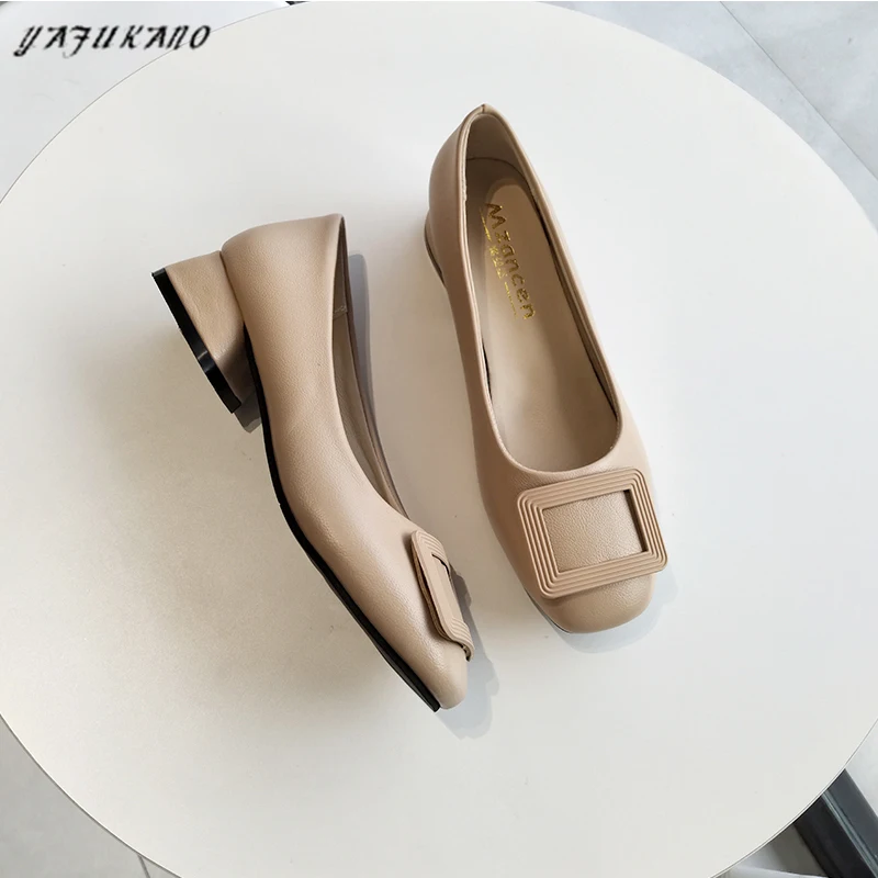 

3 Cm Square Toe Thick Heel Women Single Shoes Ladies Pumps Low Heel Retro Grandma Shoes Metal Buckle Decoration Nude Work Shoes