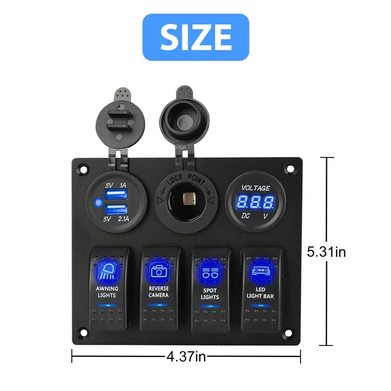 

12-24V 4 Gang Toggle Blue LED Rocker Switch Panel Circuit Breaker Waterproof for Car Marine Boat