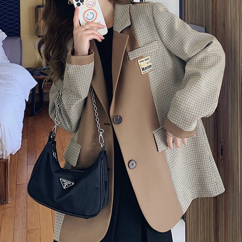 

Designer Fashion Casual Blazers Woman British Style Contrast Color Tailored Coat Women Autumn Elegant Women's Tailored Coat 2021