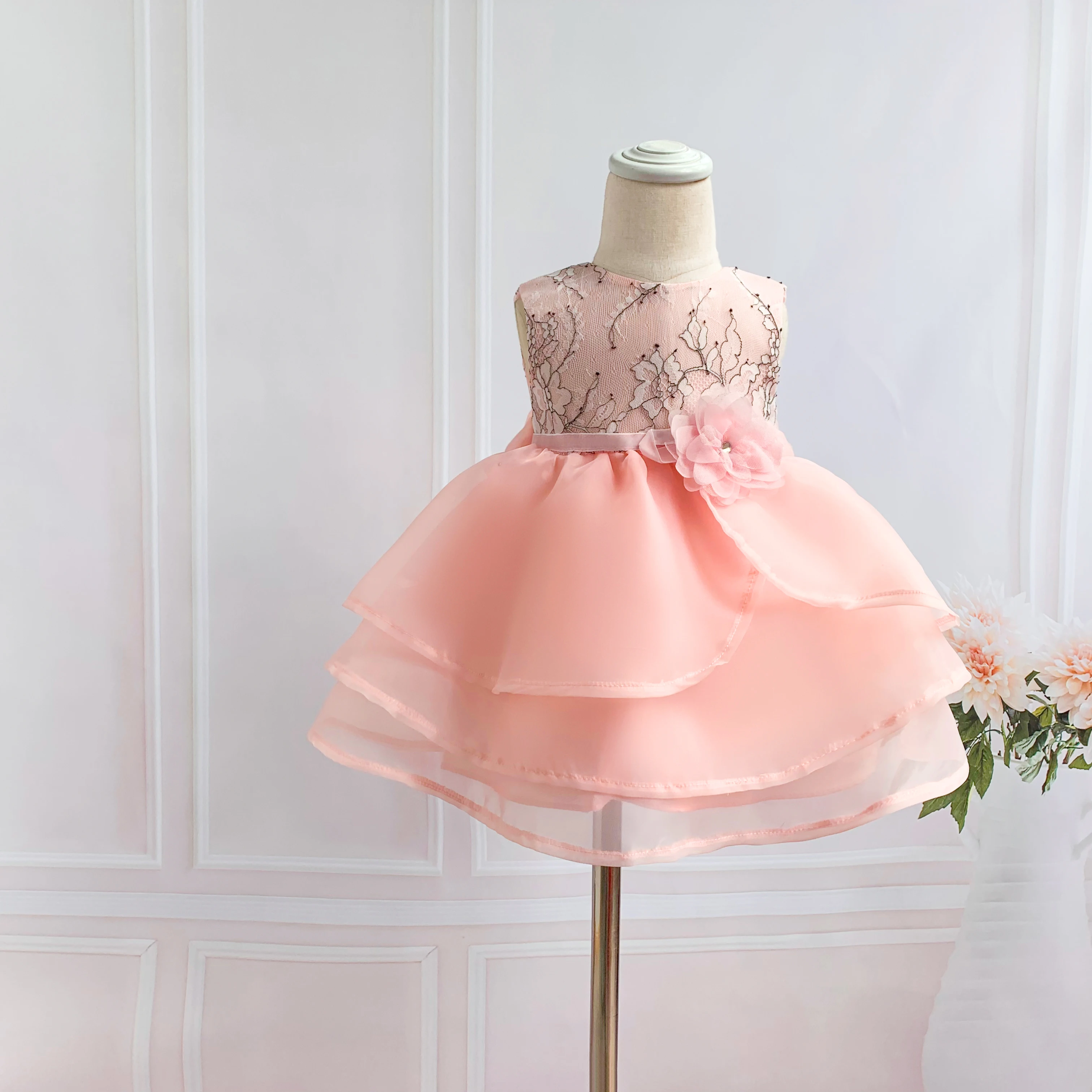 

Pink Lace Floral 1 Year Birthday Baby Girl Party Dress Layered Tulle Baptism Infant Christening Gown Newborn Toddler Girl Dress