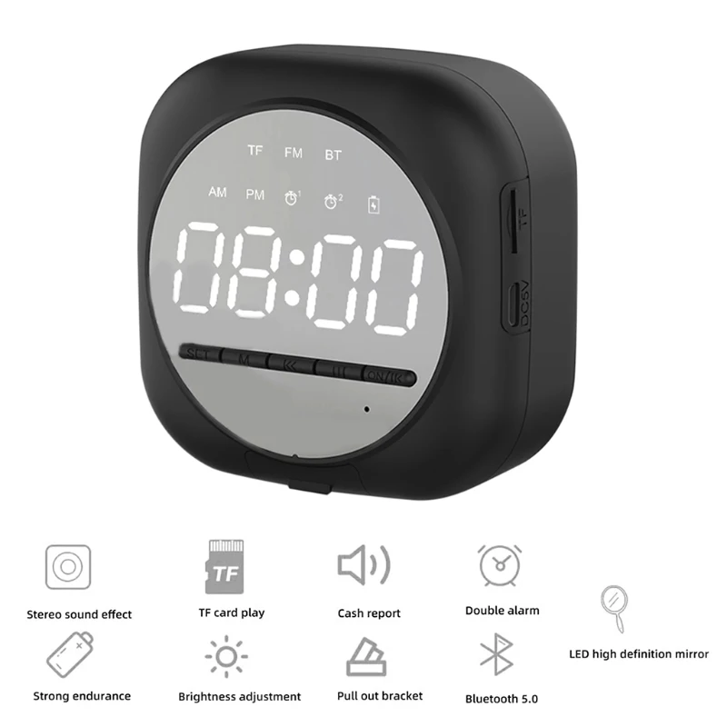 

Powerful Bluetooth Speaker Mini Portable Speakers VT5.0 LED Mirror Display Support FM Radio TF Card Snooze Alarm Clock Sound Box