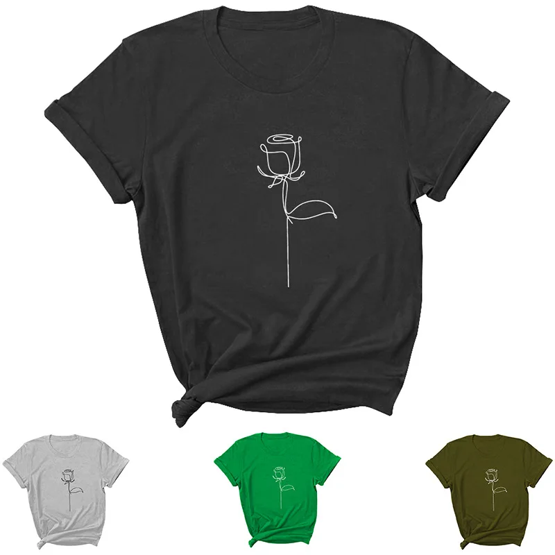 

Rose Line Print Women T Shirt Short Sleeve O Neck Loose Women Tshirt Ladies Tee Shirt Tops Clothes Camisetas Mujer