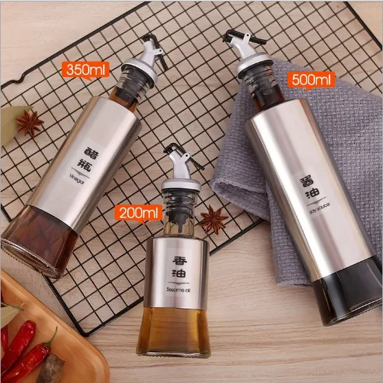 

Stainless Steel Oil Bottle 3 Kinds Of Capacity 200 To 500ml Kitchen Lead-free Glass Push-type Leak-proof Oil Pot Oil Mouth Cruet