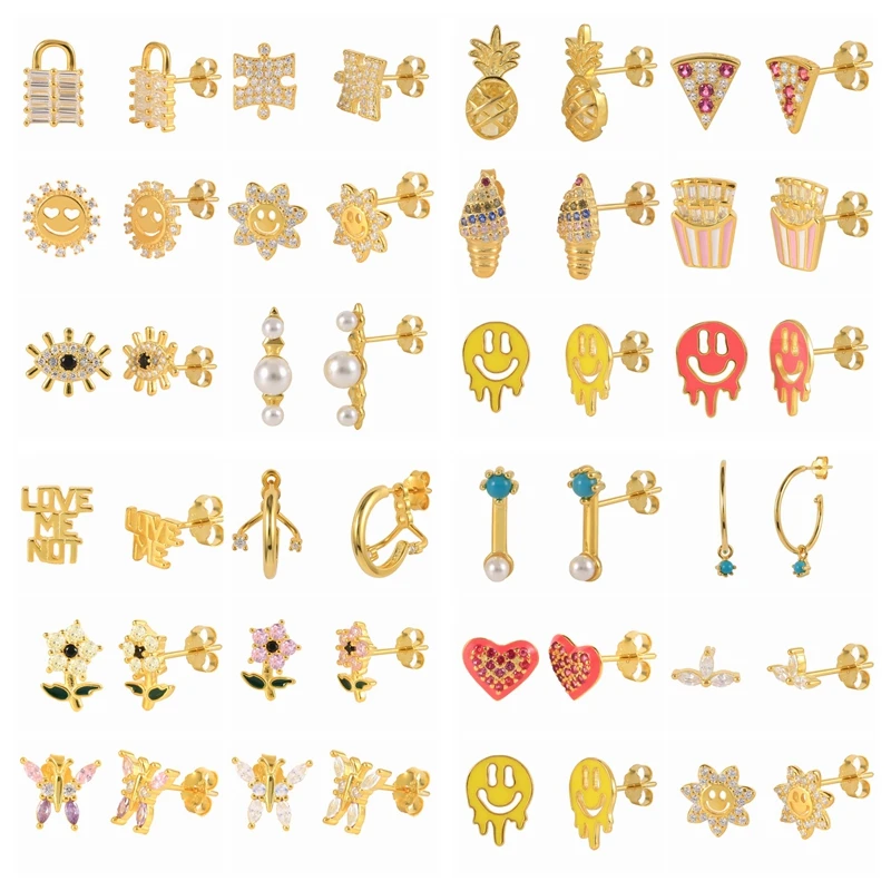 

MC Piercing Zircon Earrings 925 Sterling Silver Women Ear Studs Exquisite Smile Face Flower Heart Butterfly Lock Icecream Aretes