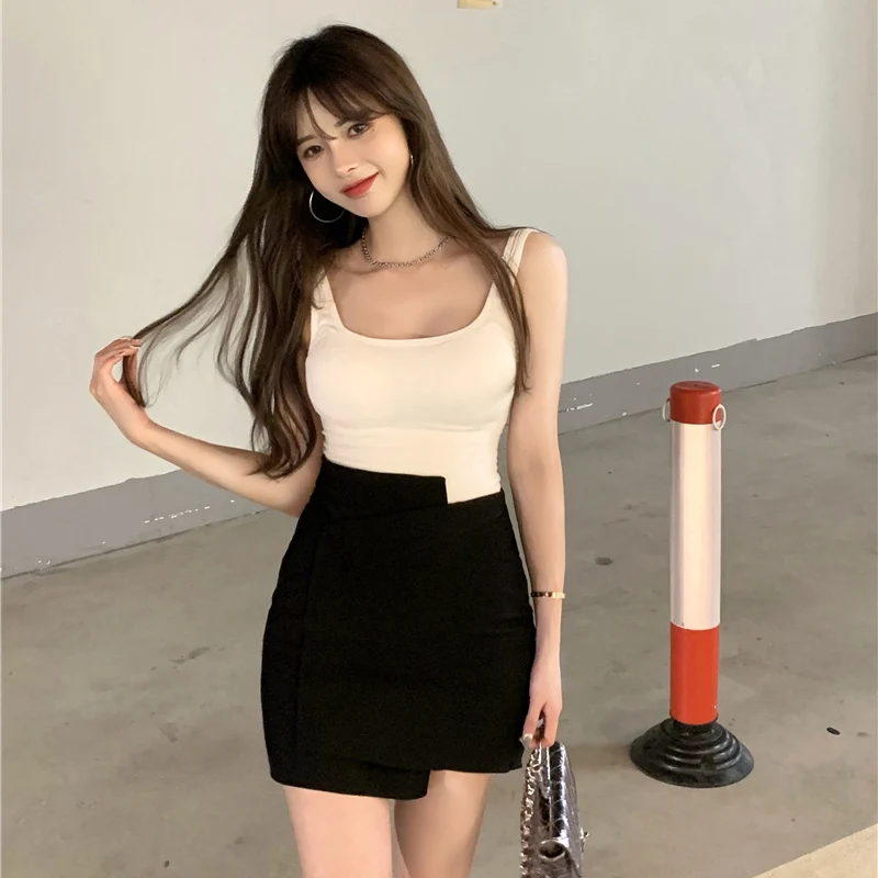 

Women White Sling Vest Add chest pad 2021 korean Casual Party Office Ladies High Waist Irregular Black Skirt A-Line Skirt