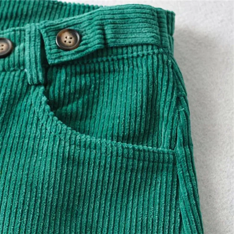 

All-Match Retro Trousers Pure Color Vintage Corduroy Pocket Waist Adjustable Button Straight High Waist Pants Summer Polyester