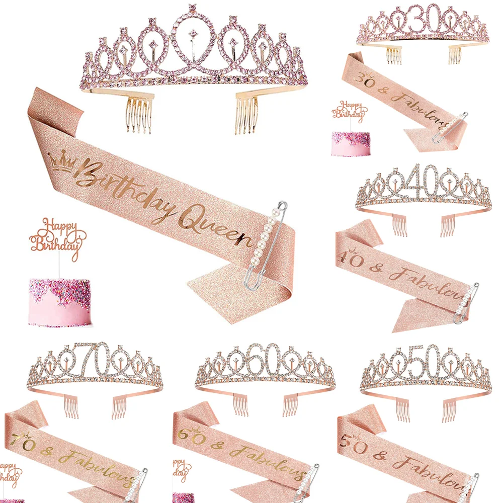 

Birthday Queen Sash and Tiara for Women Rose Gold 30 40 50 60 70 & Fabulous Crown and Satin Gifts for Birthday Party Decoration