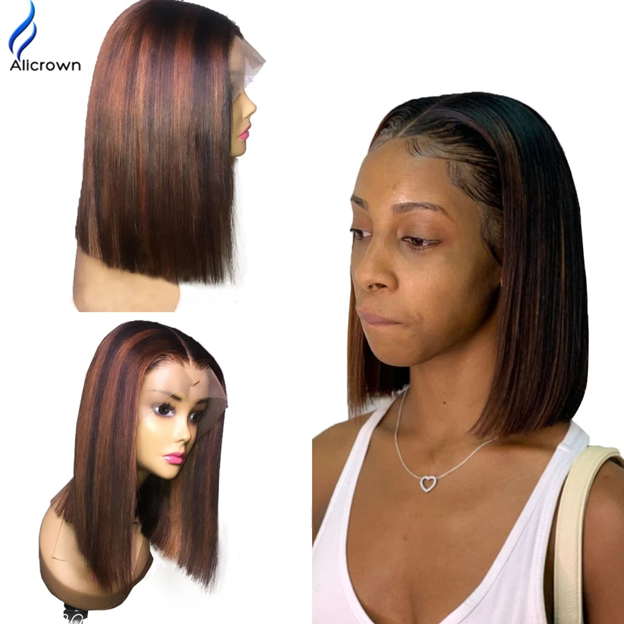 Alicrown Lace Front Human Hair Wig For Women Short Bob Wigs Ombre 150% Density Non-Remy Middle Ratio | Шиньоны и парики