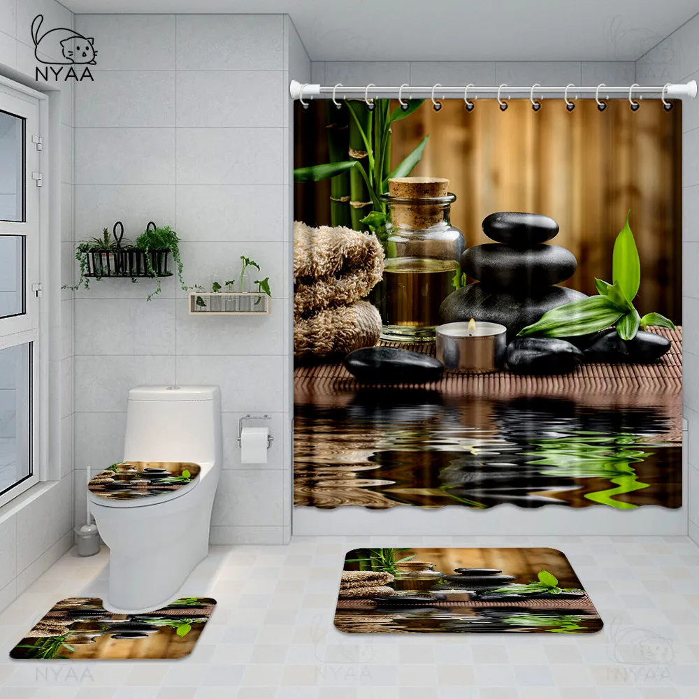 4Pcs/set Bamboo Landscape Bathroom Shower Curtains Durable Waterproof Bath Curtain Set Toilet Cover Mat Non-Slip Rug | Дом и сад