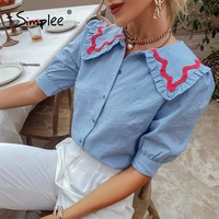 simplee holiday plaid cotton blouse shirt summer girlish doll collar womens short tops blue soft three quarter sleeve blouses
