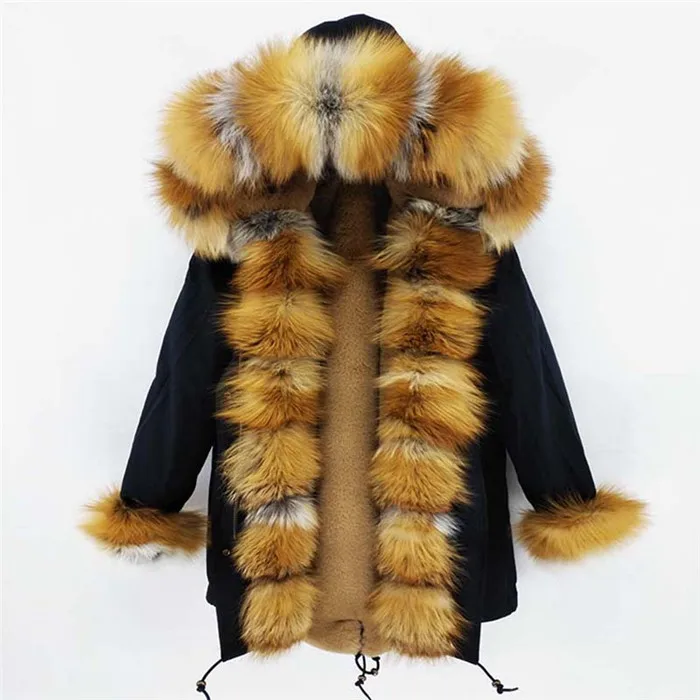 Black With Yellow Роскошное натуральное меховое пальто, женская парка с подкладкой из натурального кроличьего меха, большое теплое пальто с капюшоном из лисьего меха, верхняя одежда, зимняя куртка - Цвет: Black With Yellow