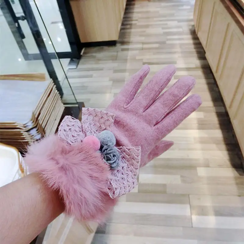 Cashmere Gloves Rabbit Hair Cashmere Gloves Korean Fashion Pink Luokou Bow Thickened Warm Touch Screen Gloves A388