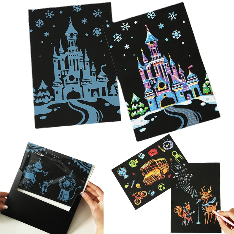 

4pcs Magic Color Rainbow Scratch Art Paper Card Set Cartoon Animals Fairy Tale Pattern Drawing Stick DIY Painting Toys Kids Gift